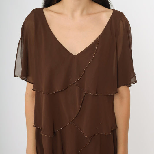 Y2K Patra Chocolate Brown Tiered Midi Dress Beaded Flutter Sleeves Large
