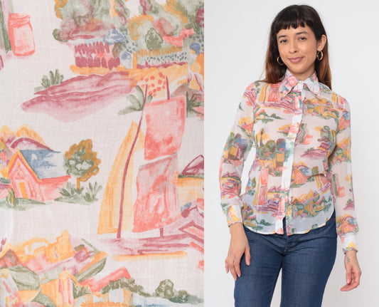 70s Ship N Shore Watercolor Landscape Blouse Sheer Button Up Small