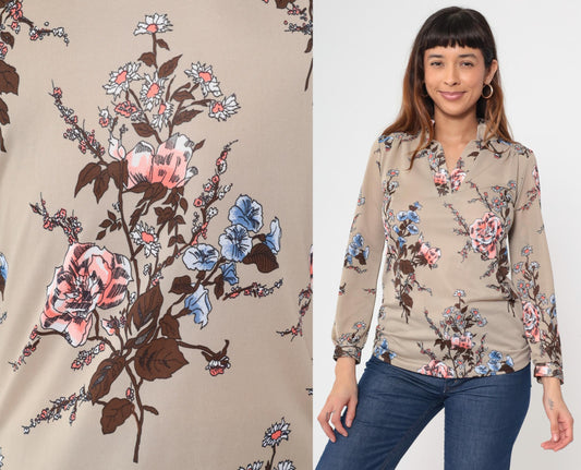 70s Botanical Rose Print Pullover Blouse Long Sleeve Pink Blue Tan Medium M