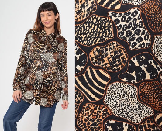 Y2K Jessica Holbrook Silk Blouse Animal Print Button Down Medium M