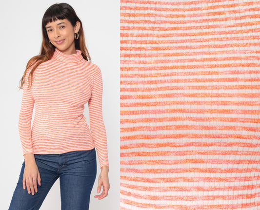 70s Orange White Striped Turtleneck Mock Neck Ribbed Knit Small S