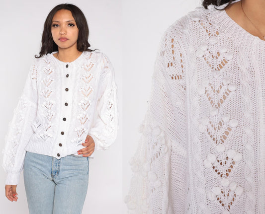 80s White Eyelet Crochet Cardigan Button-Front Scalloped Lace Large L