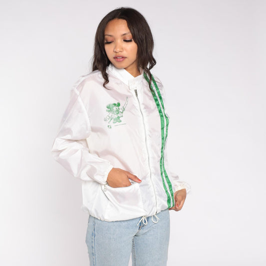 80s General Felt Industries Windbreaker Jacket White Green Stripe Pirate Logo Medium