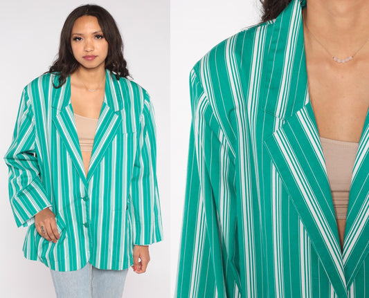 90s Leslie Fay Green Striped Cotton Blazer Plus Size XXL