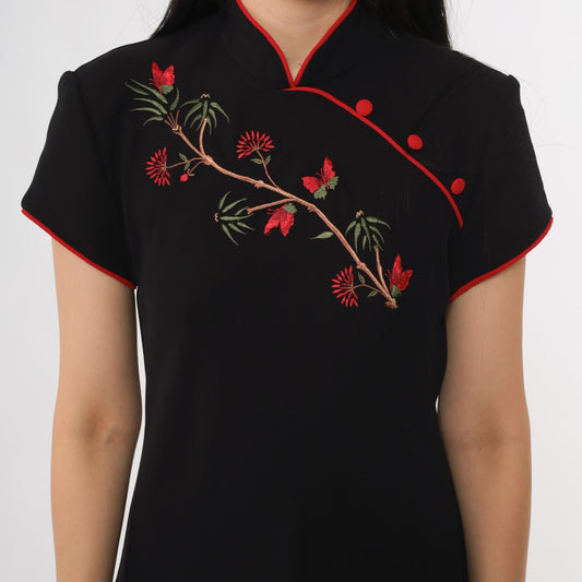 90s S.L. Fashions Black Cheongsam Maxi Dress Mandarin Collar Red Piping Medium