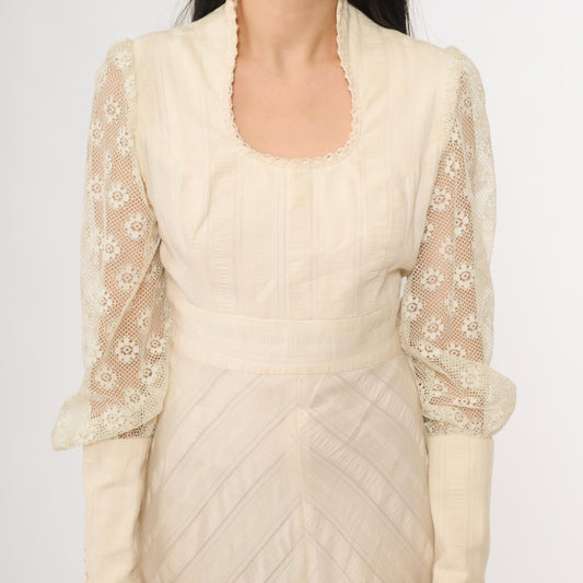 70s Cream Lace Maxi Dress Long Sleeve Scoop Neck Fitted Bodice Medium M