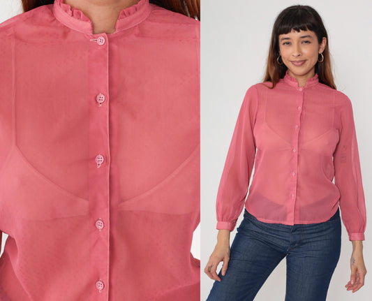 1970s Coral Pink Sheer Blouse Ruffle Collar Button Front Long Sleeve Small