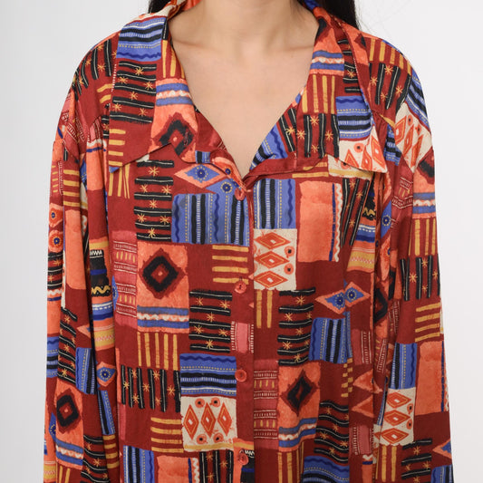 90s Sue Brett Tribal Print Mini Shirt Dress Button Front Long Sleeve Plus Size XXL