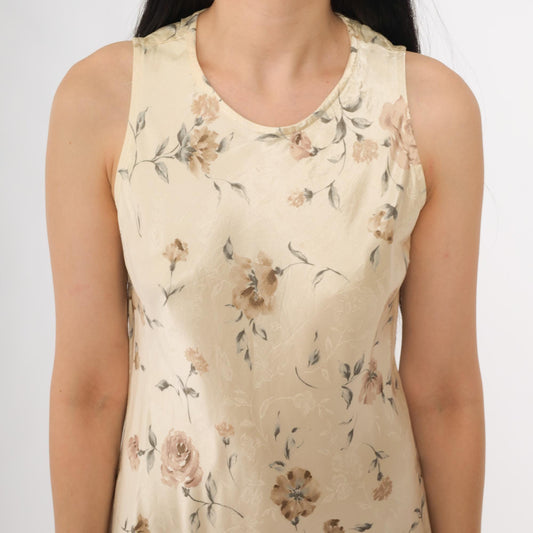 90s Breakin Loose Floral Mini Dress Cream Rose Print Sleeveless A-Line Small