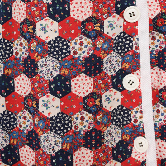 70s Patchwork Skirt Quilted Hexagon Floral Red White Blue A-Line Knee Medium