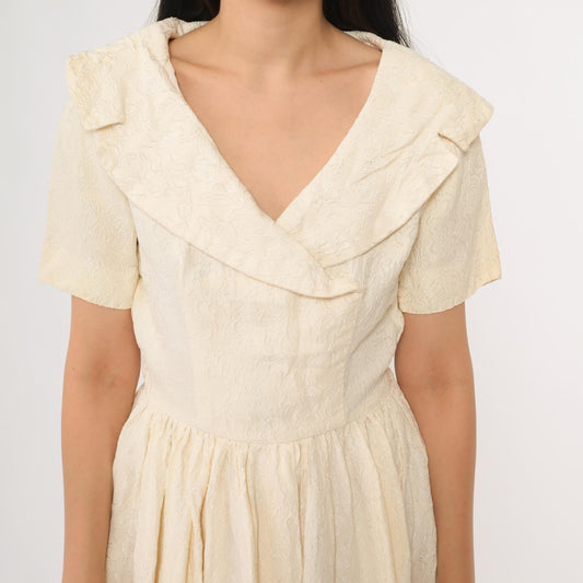 1950s Cream Sailor Collar Midi Dress Jacquard Small Medium