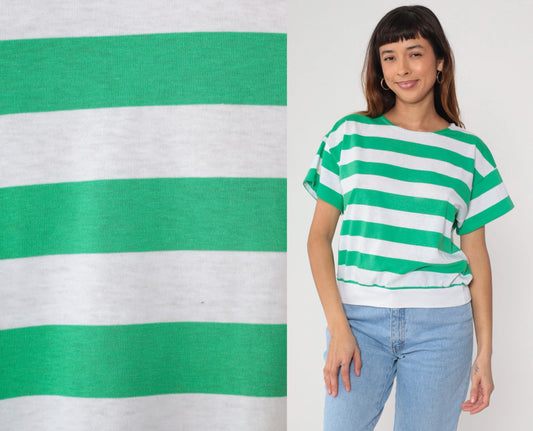 80s Striped T-Shirt White Green Crew Neck Short Sleeve Cotton Medium