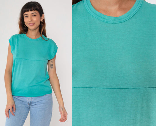 80s Turquoise Athletic Tank Top Mesh Panels Crew Neck Small Medium
