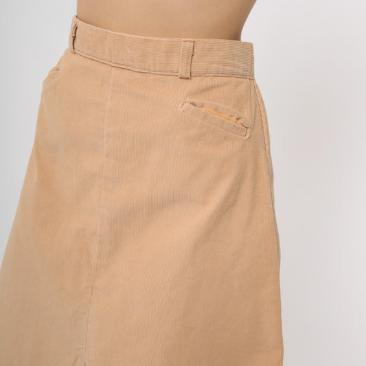 80s Tan Corduroy A-Line Skirt High Waisted Mini Front Slit Small S