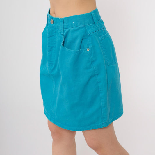 90s Steel Jeans Turquoise Denim Mini Skirt High Waisted A-Line Size 13