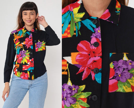 90s F Stop Floral Blouse Black Rayon Hibiscus Print Button-Up Small S