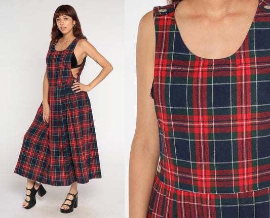 90s Willow Bend Plaid Pinafore Midi Dress Green Red Wool Blend Large