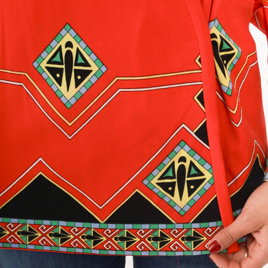 60s Paganne Gene Berk Red Wrap Blouse Geometric Tribal Print V-Neck