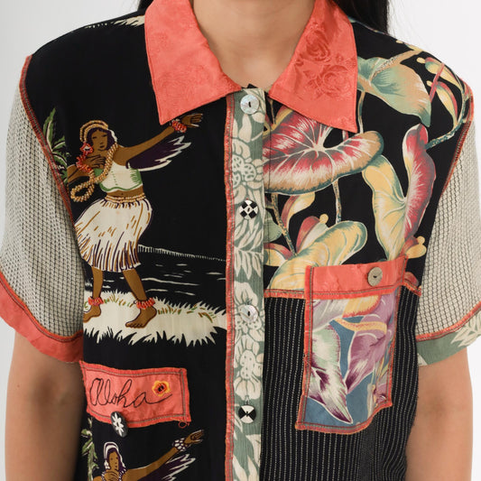 90s Faith Patchwork Hawaiian Shirt Tropical Print Button Front Small S