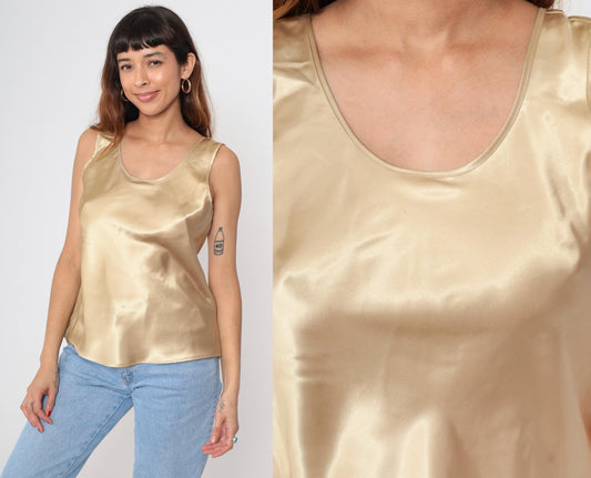 90s Gold Satin Cami Tank Top Sleeveless Blouse Large L