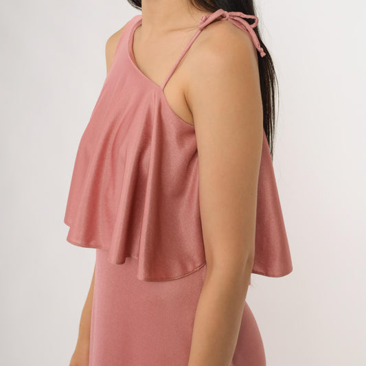 70s Zum Zum Dusty Rose Maxi Dress Ruffle Tie Shoulder Sleeveless Extra Small