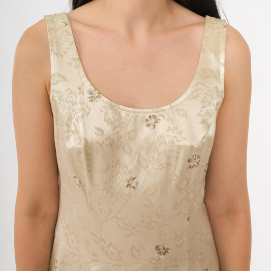 90s All That Jazz Champagne Satin Mini Slip Dress Floral Jacquard Tank Small