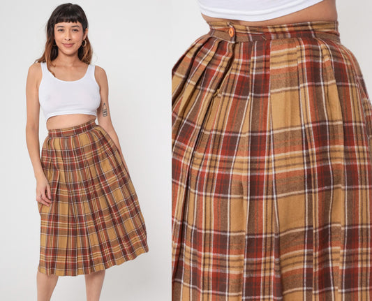 70s Plaid Wool Blend Midi Skirt High Waisted Tartan Brown Tan Small S