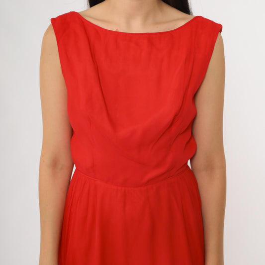60s Red Chiffon Sleeveless Boat Neck Dress Knee Length Ruffle Medium