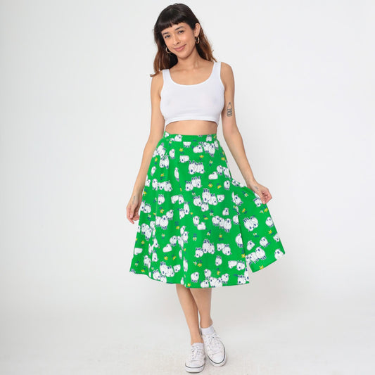 70s Sheep Print Midi Skirt Green A-Line Wrap Cotton Small Medium