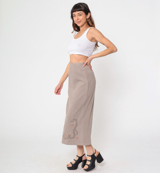 90s Taupe Floral Embroidered Maxi Skirt High Waist Column Medium