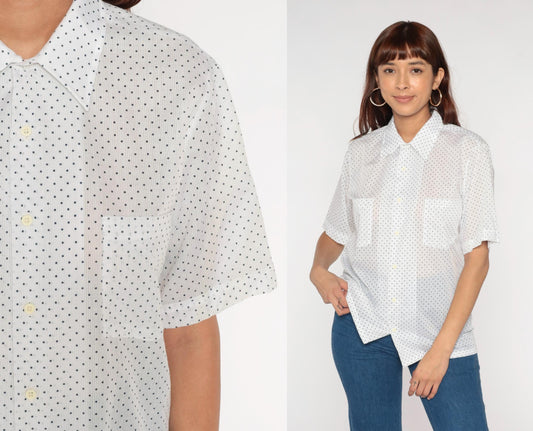 70s Polka Dot Button Up Shirt White Blue Short Sleeve Mens Medium
