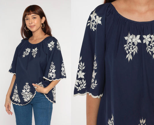 70s Embroidered Peasant Blouse White Navy Floral Bell Sleeve Tunic Medium