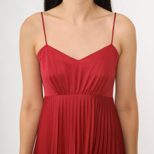 70s Red Pleated Maxi Dress Spaghetti Strap Empire Waist Extra Small
