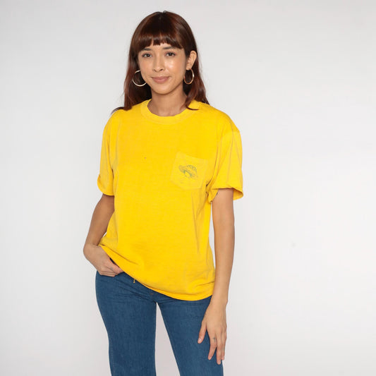 70s Yellow Mushroom Graphic Cotton T-Shirt Pocket Tee Medium
