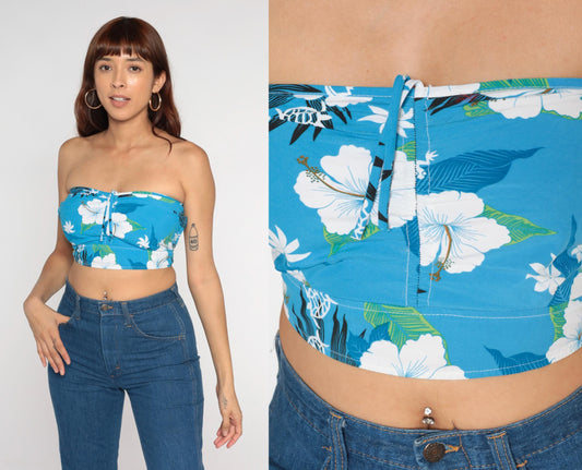 Y2K Blue Hawaiian Hibiscus Cotton Bandeau Crop Top Strapless Tie Back Small