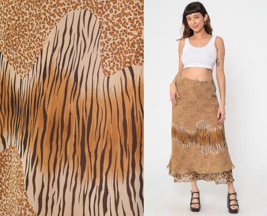 Y2K Mixed Animal Print Midi Skirt Leopard Zebra Cheetah Tiered Ruffle Medium