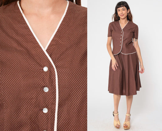 70s Brown Swiss Dot Two Piece Set Short Sleeve Blouse Pleated Mini Skirt Medium