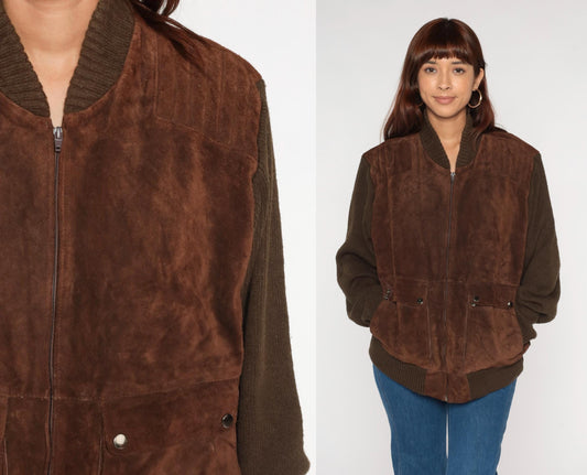 80s Brown Suede Bomber Jacket Knit Sleeves Zip Front Unisex Extra Large XL