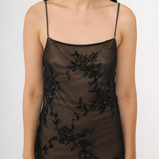 Y2K Marina Bresler Black Silk Beaded Maxi Slip Dress Small S