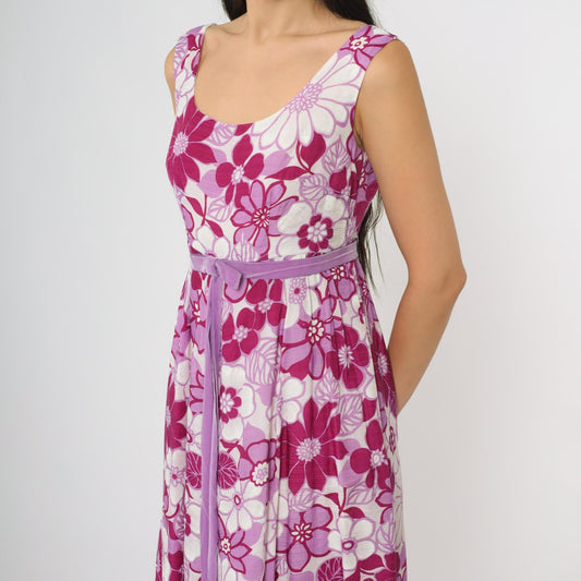70s Floral Maxi Dress Pink Purple Daisy Print Sleeveless Small