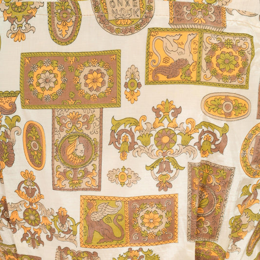 60s Medallion Print Dress Quarter Sleeve Collar Button Midi A-Line Brown Orange Large L