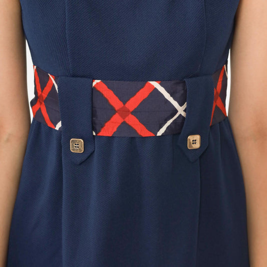 60s Navy Mock Neck Mini Dress Geometric Belt A-Line Sleeveless Extra Small