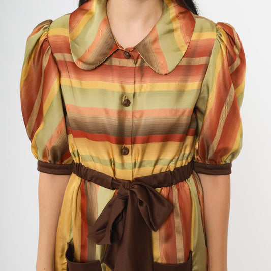 70s Rainbow Striped Mini Dress Brown Orange Yellow Puff Sleeve Peter Pan Collar Small