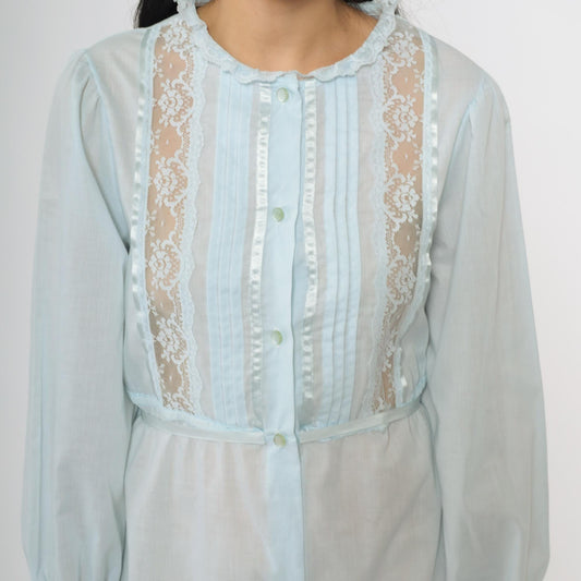 70s Powder Blue Babydoll Dress Lace Trim Puffy Sleeve Empire Waist Medium
