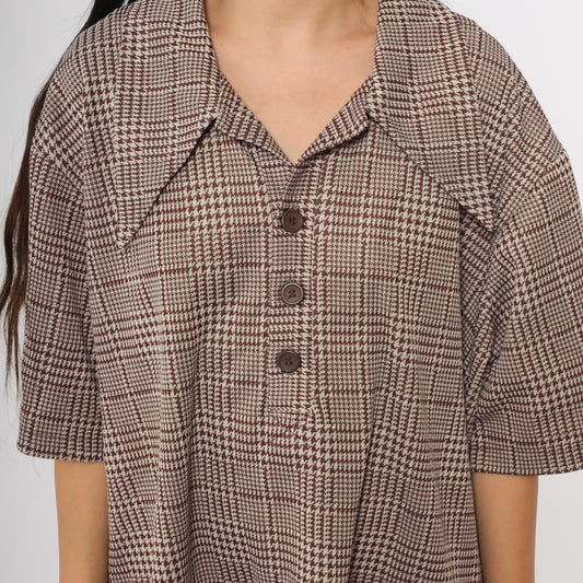 70s Houndstooth Glen Plaid Button Down Shirt Brown White Short Sleeve XXL