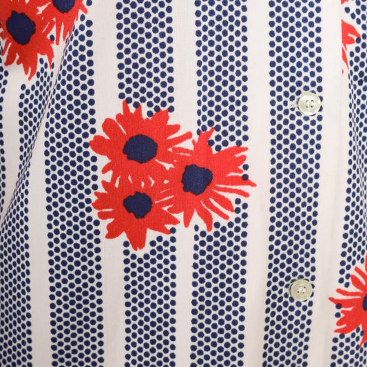 70s Shapely Floral Striped Button Down Shirt Navy Red Daisy Large L