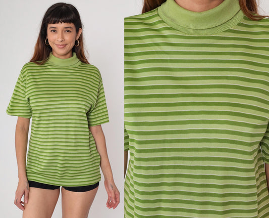 70s Striped Mock Neck Top Green Lime Short Sleeve Knit Pullover Medium Large