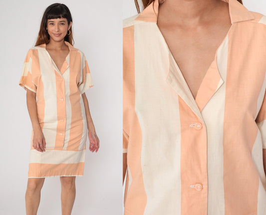 80s Peach Cream Striped Shirt Dress Button Front Collar Cotton Medium