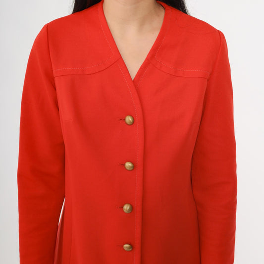 70s Red Tailored Blazer Gold Buttons V Neck Structured Jacket Small