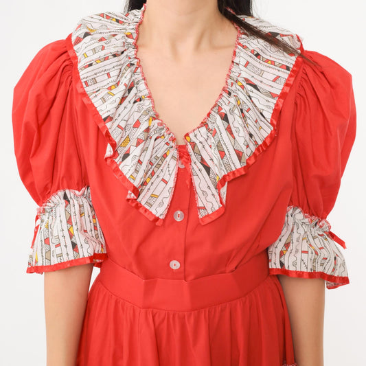 80s Red Puff Sleeve Two Piece Set Full Skirt White Eyelet Trim Medium